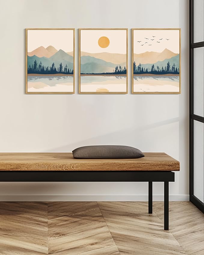 KUVIOKE Mountain Landscape Framed Canvas Wall Art Watercolor Nature Laker Painting Sun Rises Boho Farmhouse Rustic Room Decor for Bedroom Dining Room 12x16in (Natural Framed)