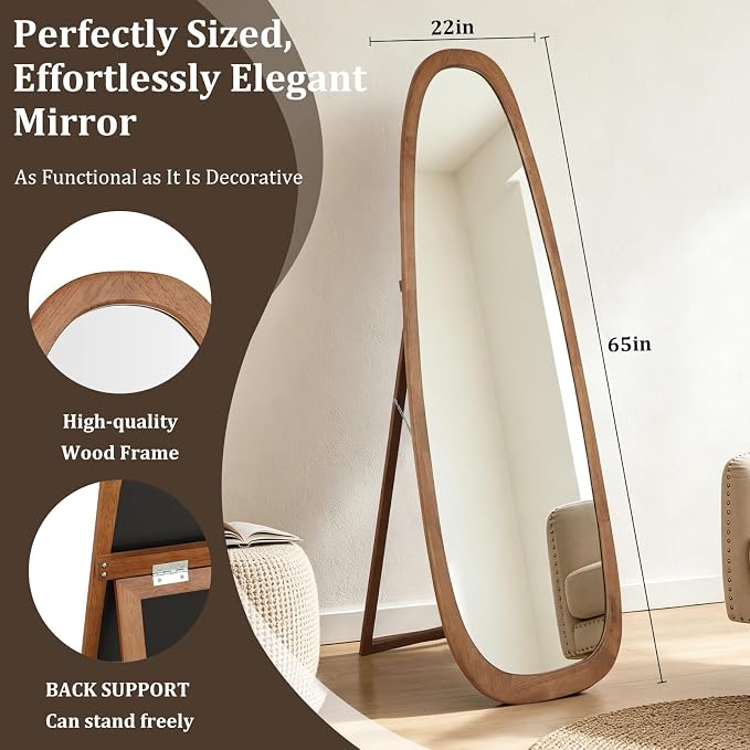 WallBeyond 22x65 Inch Irregular Pebble Full Length Mirror with Stand, Tempered Glass Floor Mirror with Wooden Frame,for Bedroom, Living Room, Cloakroom(Walnut)