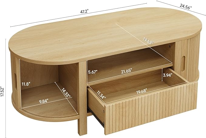 ONBRILL 47.2 Inch Oval Coffee Table with Storage, Mid Century Modern Coffee Table with Drawer, Center Table with Sliding Door and Wood Fluted Handle for Living Room, Oak