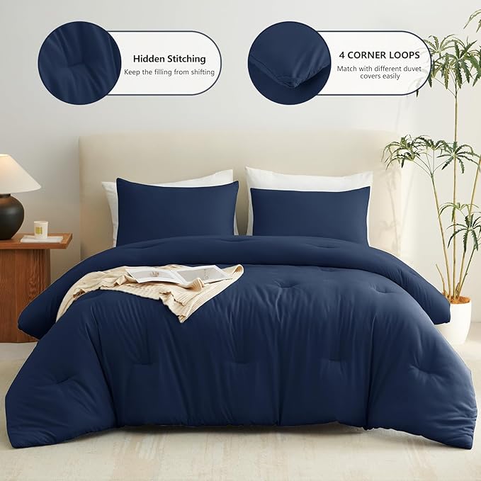 CozyLux Full Size Comforter Set Navy Blue, 3 Pieces Lightweight Down Alternative Quilted Bedding Sets, All Season Soft Breathable Solid Comforter with 2 Pillowcases, Luxury Bed Set Gift for Home
