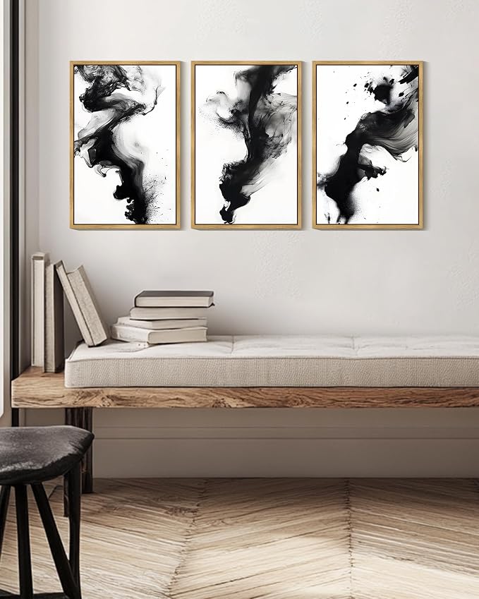 KUVIOKE Black White Abstract Framed Canvas Wall Art Ink Wash Pastel Wall Decor Modern Rendering Illustration Art Painting for Bedroom Dining Room 16x24in (Natural Framed)