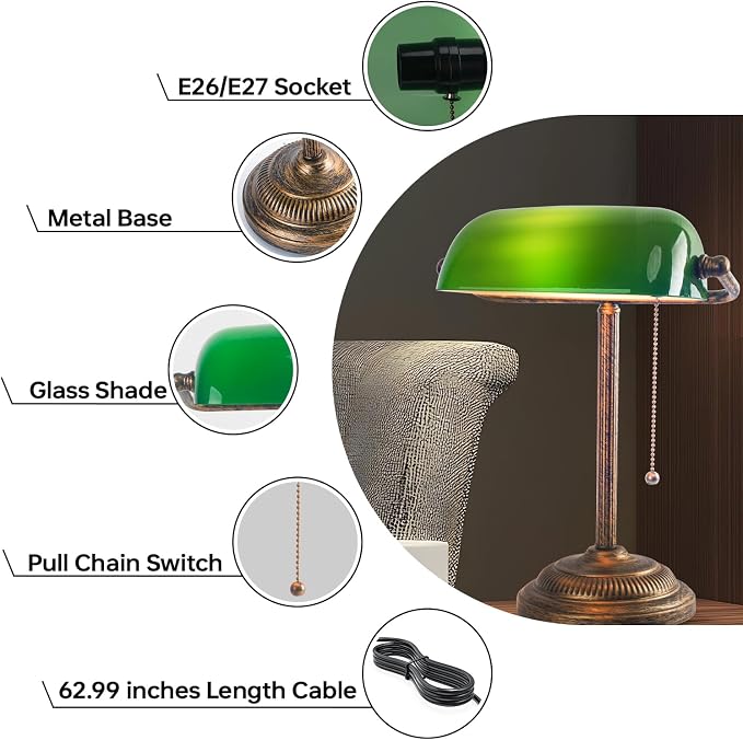 FIRVRE Bankers Desk Lamp with Pull Chain Switch, Green Glass Shade Desk Lamps, E26 Bronze Base, Vintage Library Lamp for Office, Study Room