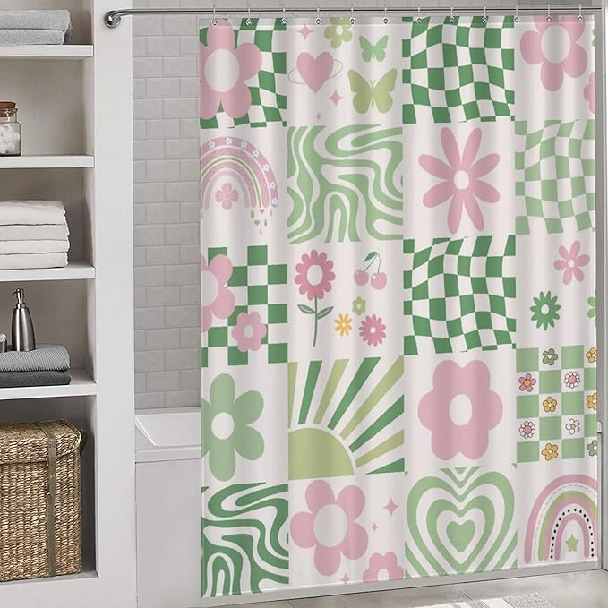 70s Floral Shower Curtain, Vintage Retro Green Hippie Groovy Cute Rainbow Swirl Checkered Aesthetic Boho Funky Trippy Pastel Waterproof Fabric Bath Shower Curtain Set with Hooks, 72"x78" Inch
