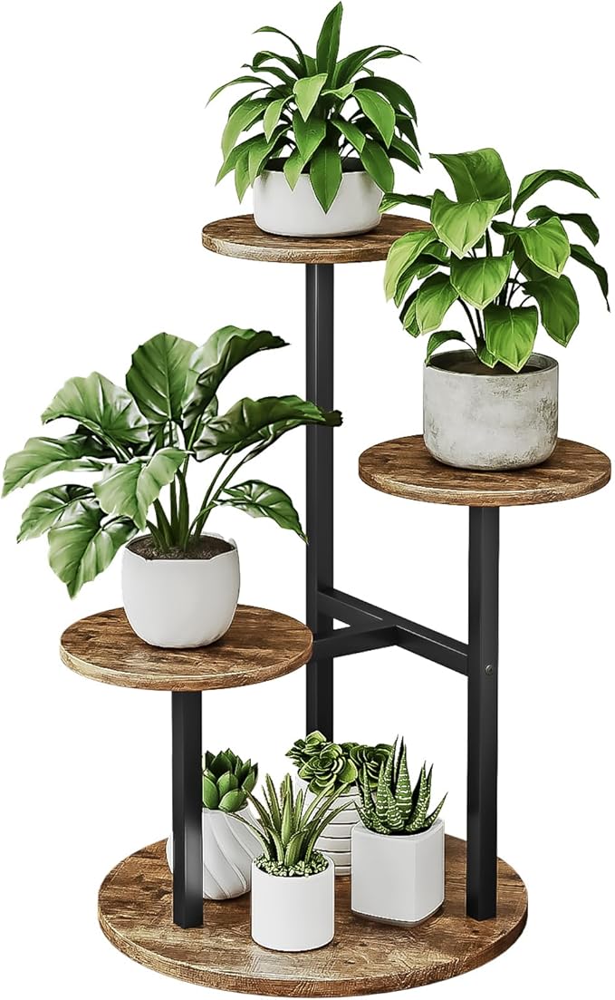 INGIORDAR Plant Stand Indoor Outdoor Corner Plant Shelf for Multiple Flower Pots Flower Stand Holder for Patio Garden Balcony Living Room (Black+Rustic Brown, 4 Tier)