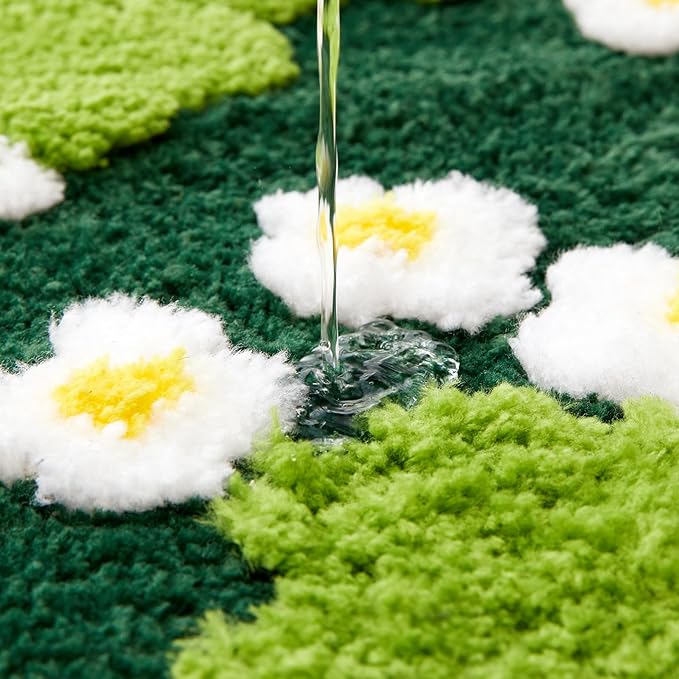 Cute Floral Bathroom Rugs Set 2 Piece, Non Slip Microfiber Green Grass Flowers Bath Mat 20x32 + Contour Toilet Rug 20x24 Machine Washable Great Absorbent, Boho Aesthetic Bath Mat Set for Bathroom