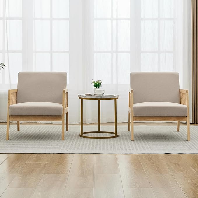 Mid Century Modern Accent Chair, Comfy Living Room Chairs with Sturdy Wood Legs, Rattan Backrest & Beige Thick Linen Cushion, Armchair for Bedroom Balcony Apartment (Beige-A) 2 PCS