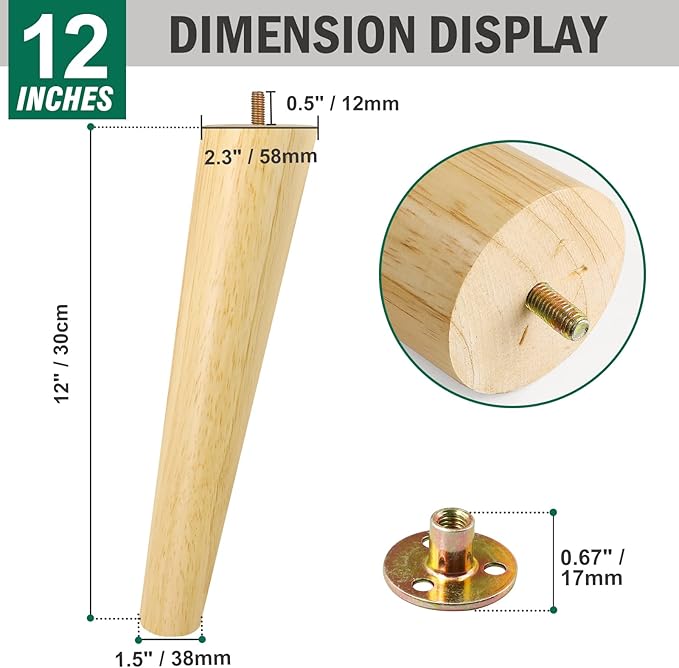 FoDau770 Rubber Wood Furniture Legs 12 Inches, Slant Tapered Wood Feet Mid Century Sofa Legs Set of 4, 5/16" UNC Furniture Feet Replacement Parts for Cabinet Couch Dresser Chair Ottoman Table