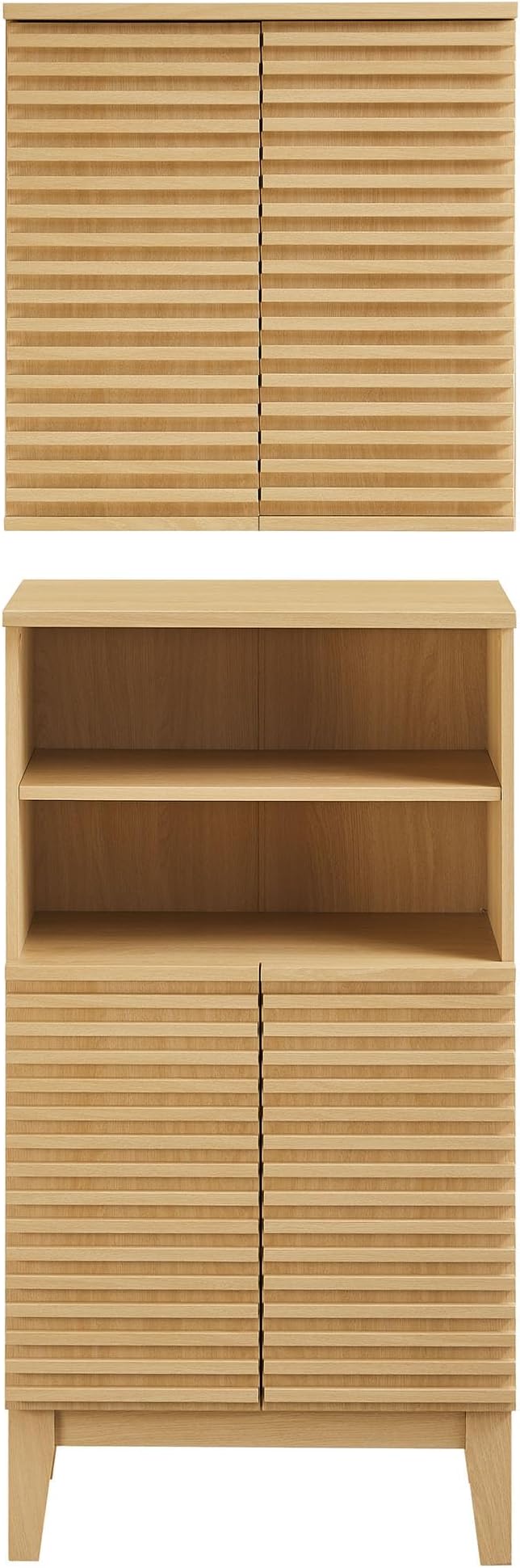 Modway Render Bathroom Cabinet Set in Oak - Freestanding Linen Cabinet and Wall Mounted Storage with Slatted Doors, Adjustable Shelves