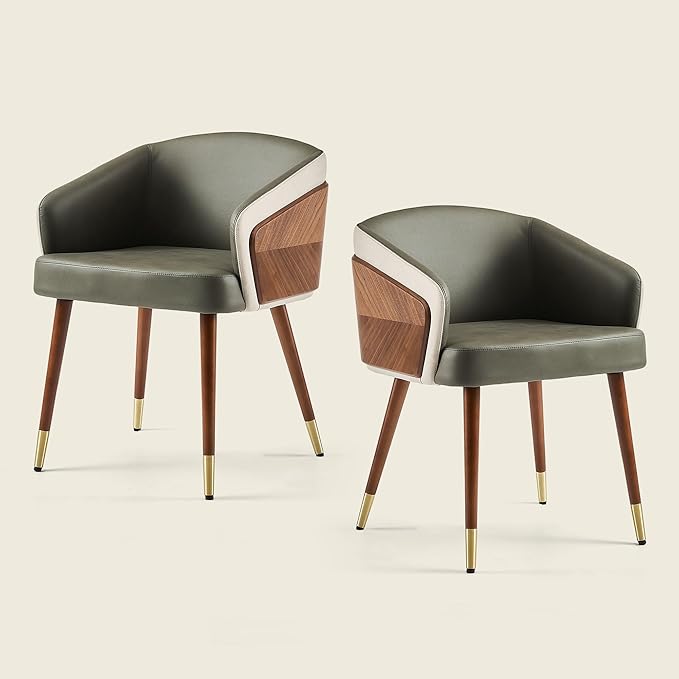 ARTPLAN Modern Upholsted Accent Dining Chairs Set of 2,Mid-Century Faux Leather with Walnut for Kitchen,Office Waiting Room Arm Sitting Chair, Beech Legs Dissassembly Adjustable Feet,Army Green