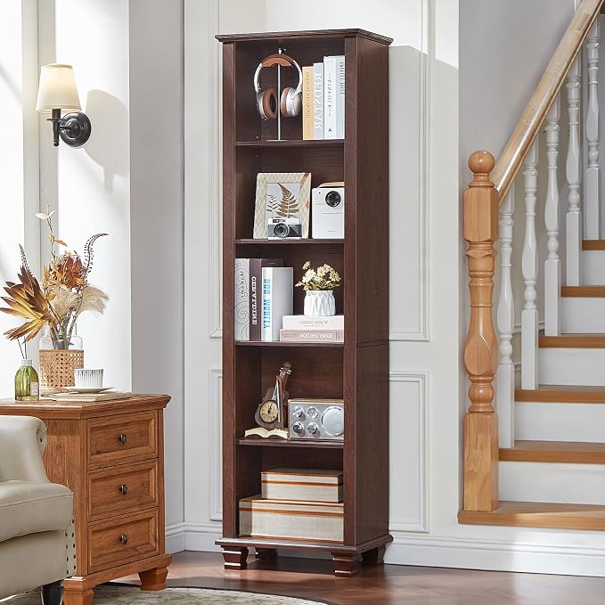 SAVOR LIFE Narrow Walnut Book Shelf, 70" Tall Skinny Bookshelf with Adjustable Shelves & Wooden Legs, Farmhouse Wood Bookcase w/5-Tier Open Storage, Free Standing Book Case for Office,Living Room,3PCS