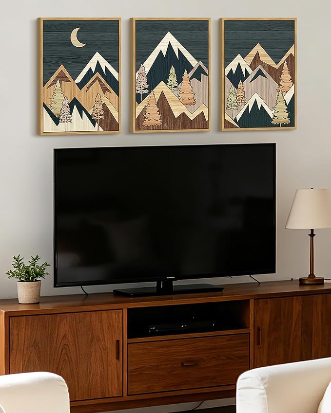 KUVIOKE Morden Mountains Framed Wall Art Boho Pine Tree Forest Nature Landscape Artwork Bohemain Farmhouse Rustic Bedroom Decor 12x16in (Natural Framed)