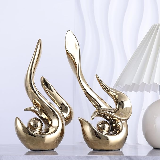 XMGZQ Mid Century Modern Abstract Art Home Decor Accent,Porcelain Statues for Living Room Coffee Table Centerpieces for Dining Room,Ceramic Sculptures and Gold Knick Knacks for TV Stand Decor (Gold)