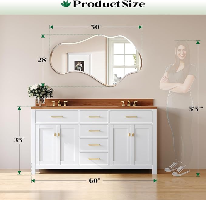 Irregular Wall Mirror, 28”x50” Asymmetrical Wall Mirror, Frameless Asymmetrical Mirrors for Bathroom Entry Way Bedroom Living Room