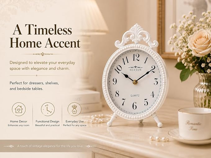 Battery Operated French Vintage Table Clock, 10.8" Small European Shabby Chic Mantel Clock with Ornate Scrollwork, Retro Desk Clock Quartz Silent Non-Ticking for Living Room, Bedside, Fireplace Decor