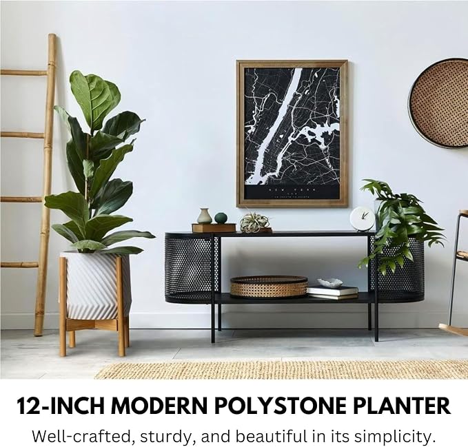 Fox & Fern Large Indoor Planter, Modern Large Plant Pot for Indoor or Outdoor, UV and Frost Resistant - 12 Inch, Polystone, Matte White Flower Pot with Drainage Plug, 3D Printed Design