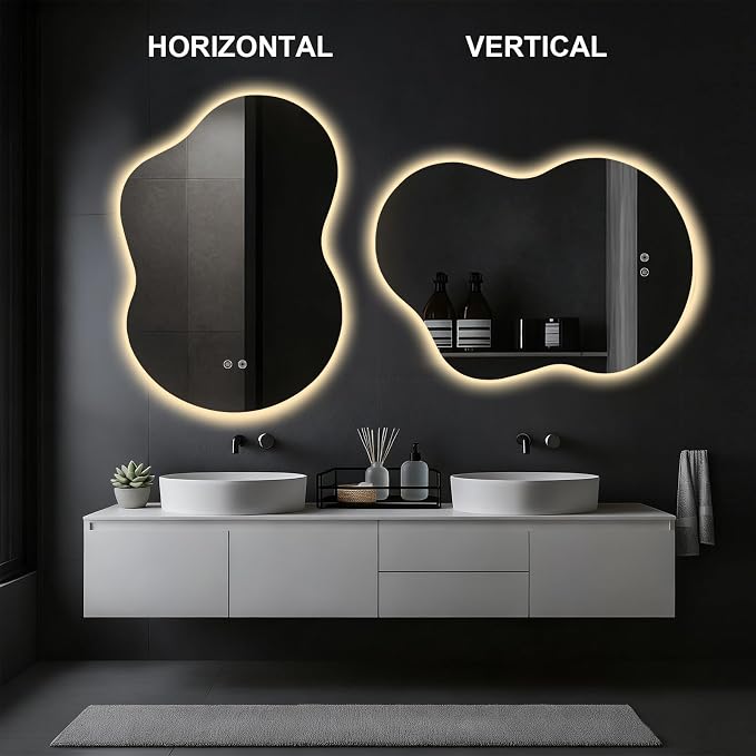 Asymmetrical Lighted Mirror for Bathroom,Modern LED Vanity Mirror with Backlit,Fog-Free,Tri-Color Dimmable Lighting with Memory Function,Hardwire Ready [Horizontal/Vertical] 40" H x 30" W