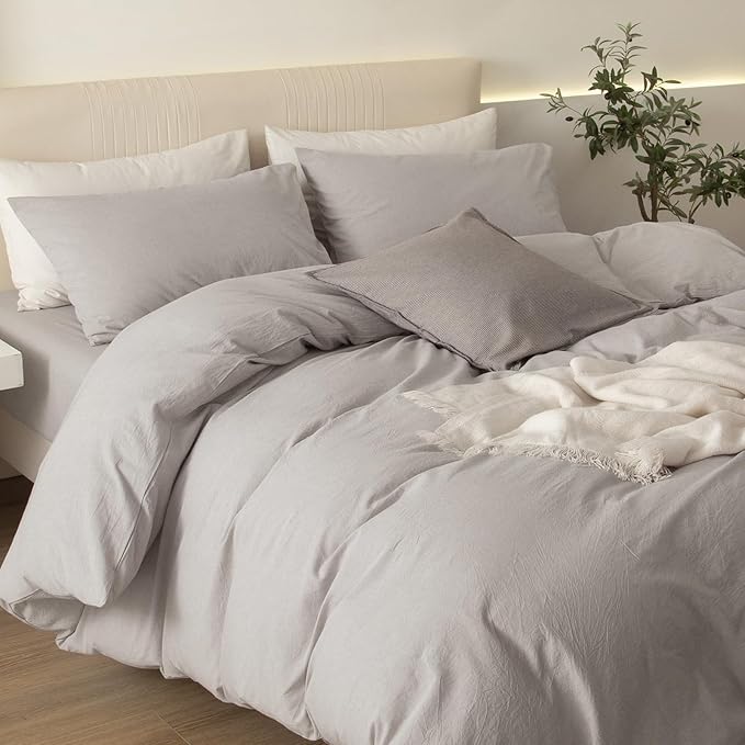 JIYUAN 100% Washed Cotton Duvet Cover Set 3 Pieces Queen, 1 Duvet Cover 90x90 Inches(Comforter Not Included) and 2 Pillowcases,Linen Feel Bedding Set Comfy and Breathable, Heathered Cream Grey