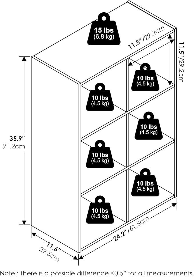 Furinno PELLI Book Shelf, 6-Cube Bookshelf with Open & Closed Back Cubes, 3 x 2 Storage Organizer Cabinet, 11.6 x 24.2 x 35.9, for Living Room, Bedroom, Home Office, White