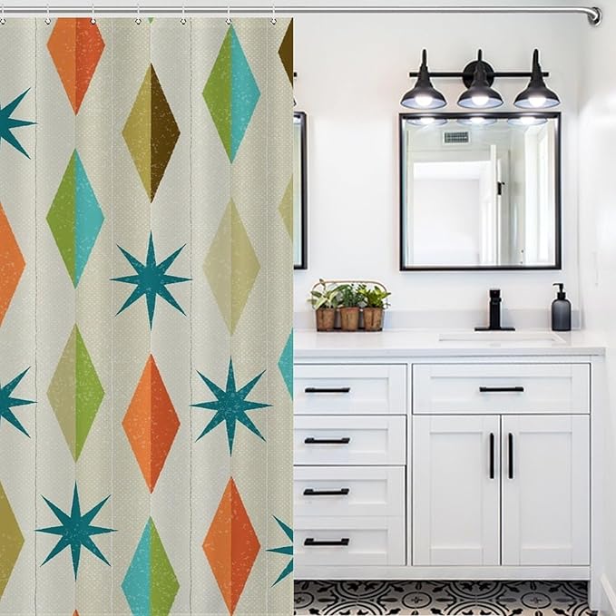 Mid Century Shower Curtain Modern Style Grunge Atomic Texture Pattern Duty Fabric Shower Curtains Set Bathroom Polyester Waterproof with 12 Hooks,72x72Inch（183x183cm）