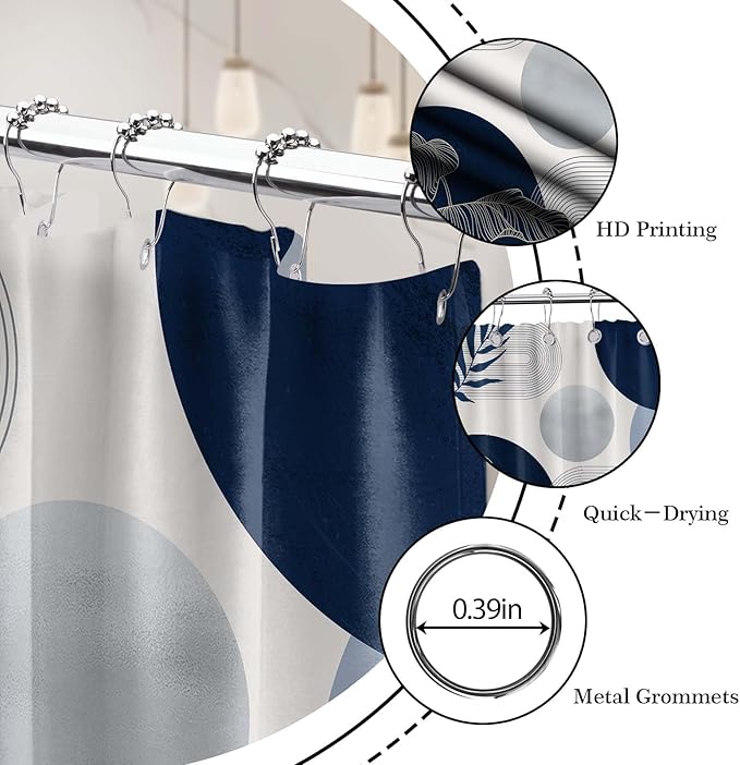 Navy Blue and White Shower Curtain Mid Century Modern Dark Blue Boho Shower Curtains for Bathroom Decor MCM Mens Cool Bath Curtain Sett, Waterproof Fabric with Hooks 70 x 96 Inch