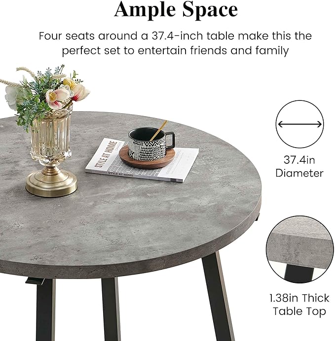 NORDICANA 4-Person Round Dining Table Set for Small Spaces, Industrial Style 37.4 Dia Grey Engineered Wood Kitchen Table with Boucle Dining Side Chairs, Biege,