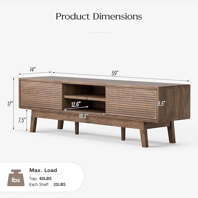 TOLEAD 59" TV Stand, Mid Century Modern Television Stand for 43/55/65 inch TV, Low Profile TV Console with Fluted Sliding Doors, Boho Light Wood Credenza for Living Room, Walnut