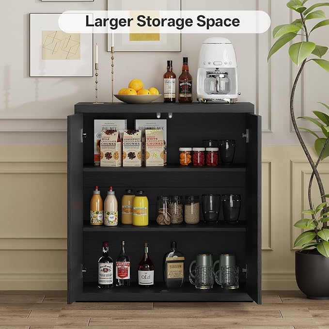 31” Sideboard Cabinet with Storage, Fluted Accent Cabinet with Adjustable Shelves, Modern Wood Credenza Cabinets with Pop-up Doors for Entryway Kitchen Living Room Hallway, Black 2pcs