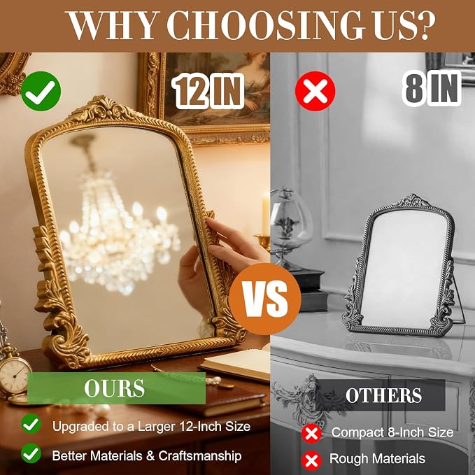 YUSONG Vintage Desk Mirror – 12" Gold Antique Tabletop Mirror with Resin Frame, Decorative Wall Art for Living Room Bedroom Vanity Desk Decor, Birthday Gift