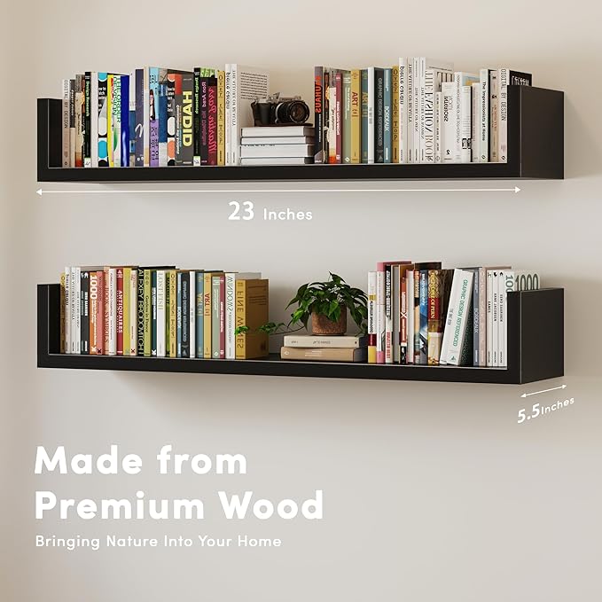 Wall Bookshelf, Set of 3, U Shaped Floating Bookshelf, Hanging Bookshelves for Wall, Wall Mounted Shelves for Living Room Bedroom Office (Black, 23.6 Inches, 3)