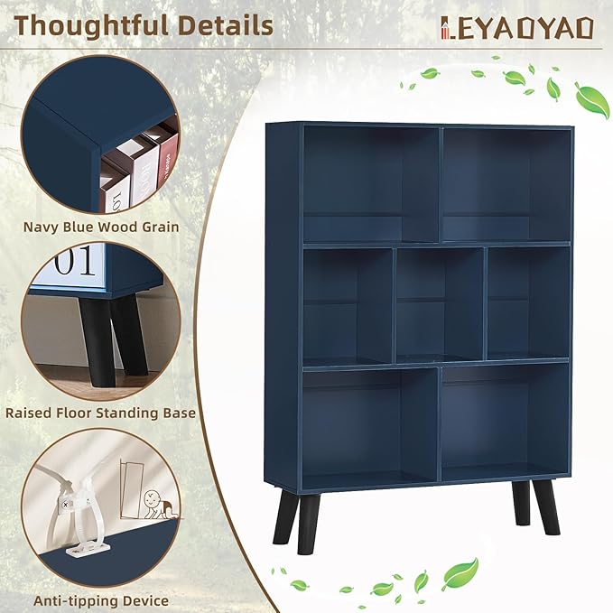 LEYAOYAO Cube Bookshelf 3 Tier Mid-Century Rustic Dark Blue Modern Bookcase with Legs,Retro Wood Bookshelves Storage Organizer Shelf,Freestanding Open Book Shelves for Bedroom,Living Room,Office