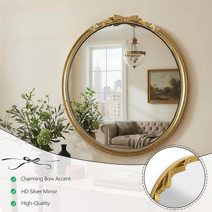 Round Gold Mirror - Modern Wall Mounted Mirror with a Bow Design: 28"x28" Large Matt Gold Antique Wall Decor - Elegant Clean Ornate for Entryway/Fireplace/Bathroom/Hallway