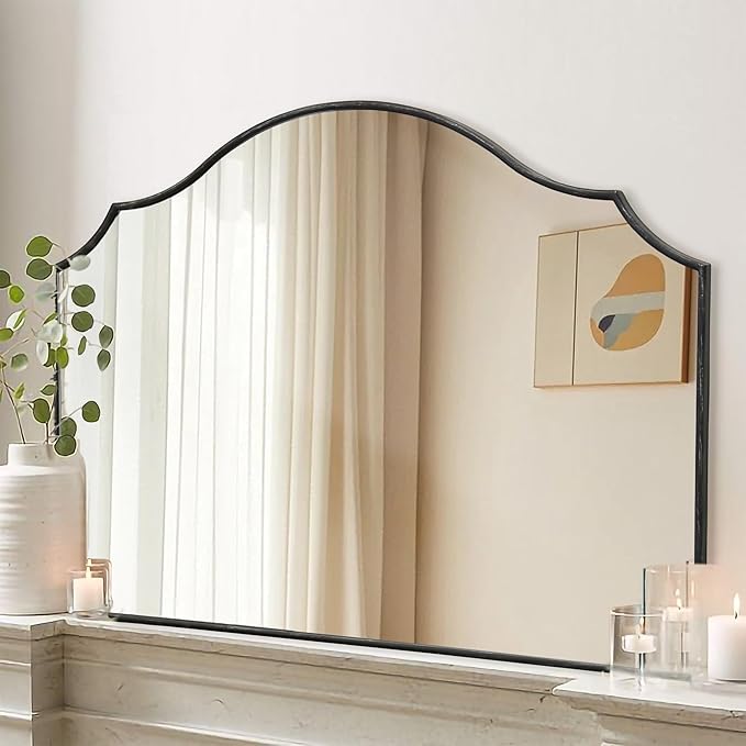 Besdomus Black Scalloped Wall Mirror: 40"x29" Large Modern Wooden Arched Dresser Mirror - Minimalist Fireplace Decorative for Bathroom/Bedroom/Mantel/Vanity/Entryway/Living Room - Stylish Home Decor