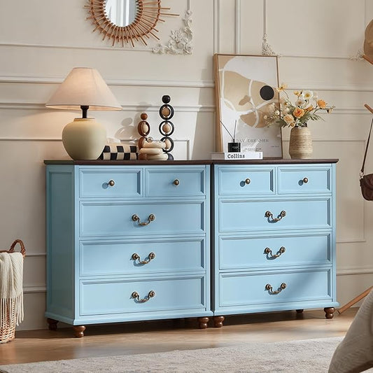 Farmhouse 5 Drawer Dresser Set of 2 for Bedroom, 35" Tall Rustic Chests of Drawers w/ 4 Solid Wood Feet, Mid Century Vintage Wooden Closet Storage Dressers Organizer for Living Room,Light Blue