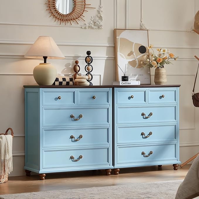 Farmhouse 5 Drawer Dresser for Bedroom, 35" Tall Rustic Chests of Drawers w/ 4 Solid Wood Feet, Mid Century Modern Wooden Closet Storage Dressers Organizer for Living Room, Hallway,Light Blue
