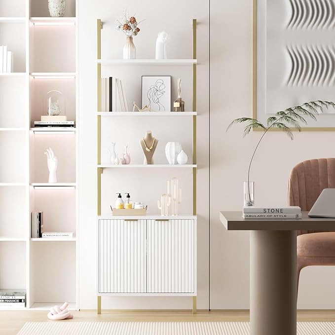 Ladder Bookshelf with Cabinet, 71" Tall Wall Mounted Bookcase with Shelves & Storage, Fluted Ladder Shelf with Metal Frame, 5-Tier Display Rack for Living Room, Home & Office, Bedroom, White & Gold
