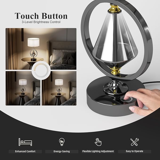 C06-2 20.8” Art Deco Bedside Table Lamp - 3-Way Dimmable Touch Control, USB A+C/AC Outlet, Bulb Included, Ideal for Living Room Nightstand Bedroom