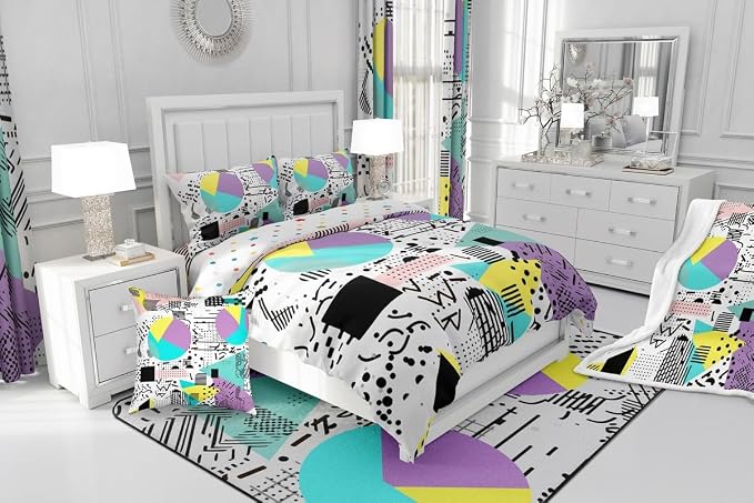 Geometric Duvet Cover 80s and 90s Hip Hop Bedding Set,Hipster Funky Comforter Cover Eighties Fashion Style Queen Bed Set,Round Triangle Square Diamond Shapes Artwork 1990S Memphis Home Decor