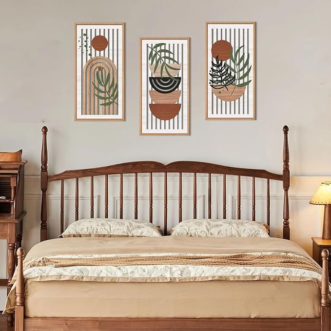 IARTTOP Boho Mid-century Modern Wood Wall Art 8x16 Inch Framed Bohemian Abstract Wooden Wall Decor Set of 3 Minimalist Orange Leaf Wall hanging for Living Room Bedroom Office