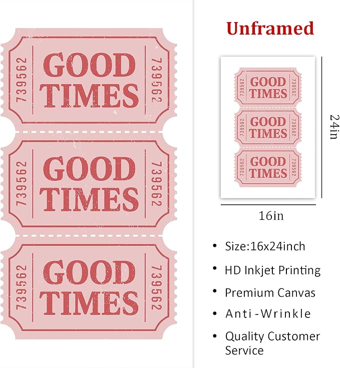 Good Times Ticket Print Red Retro Poster Pink Trendy Paintings Bar Cart Prints Pink White Pictures Ticket Wall Art Modern Aesthetic Posters Preppy Aesthetic Pictures for Living Room 16x24in Frameless