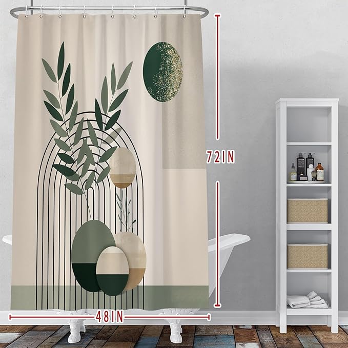 Baocicoo Mid Century Bohemia Green Moon Leaves Shower Curtain - Geometric Aesthetic Bathroom Decor - Polyester Durable Shower Curtain with Hooks - 48x72 Inches