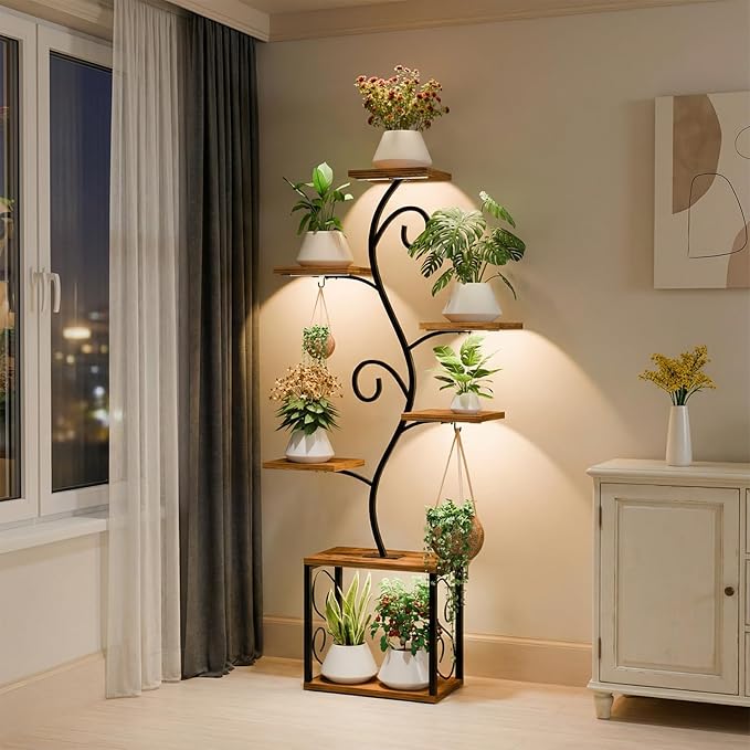 64" Plant Stand Indoor with Grow Lights, Tall Plant Shelf for Indoor Plants, 7 Tiered Plant Rack with Larger Flower Holder, 3 Light Modes, Corner Plant Stand with Adjustable Brightness & Timer