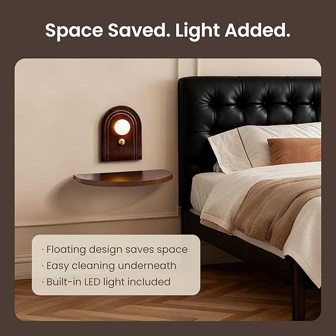 AELS Mid-Century Modern Floating Shelf with Rechargeable Type-C LED Wall Light, Space-Saving Wooden Wall Mounted Bedside Shelf for Bedroom or Dorm, Brown