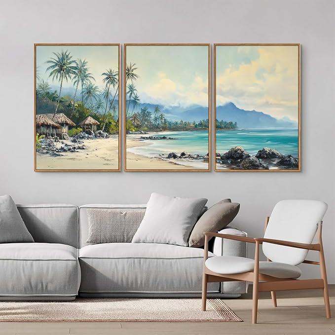 Rantodecor Tropical Coastal Framed Canvas Wall Art, Beach Landscape Posters Wall Decor, Island Palm Trees Beach House Art Paintings, Seascape Mountains Artwork for Bedroom Living Room Office 16"x24"x3