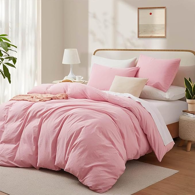 LOVQUE Pink Cotton Duvet Cover Queen Size, Linen Like Natural Bedding Set with Zipper Closure (No Comforter), 90x90 Inches