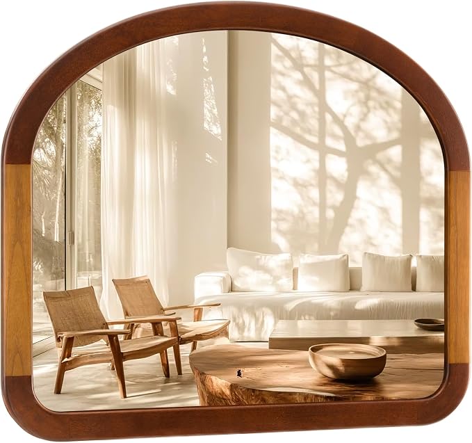 Arched Mirror 34 x 29 Inch,Brown Wood Rustic Bathroom Tempered Wall Mirror with Wood Frame,Round Corner Arch Farmhouse Wooden Vanity Mirror for Living Room,Entryway or Bedroom（Walnut Brown）