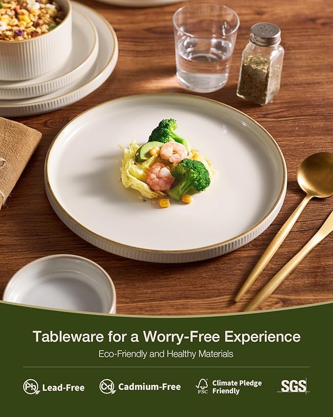 Famiware Star Dinnerware Set, Plates and Bowls Sets for 8 (24pcs), Ribbed Stoneware Dishes - Chip & Scratch Resistant, Microwave & Dishwasher Safe Tableware, White