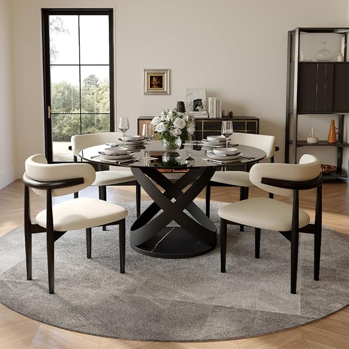 POVISON 51" Modern Round Dining Table, Glass Round Kitchen Table for 4, Tempered Glass Dining Room Table top with Black X Carbon Steel Base (Dining Table Only)