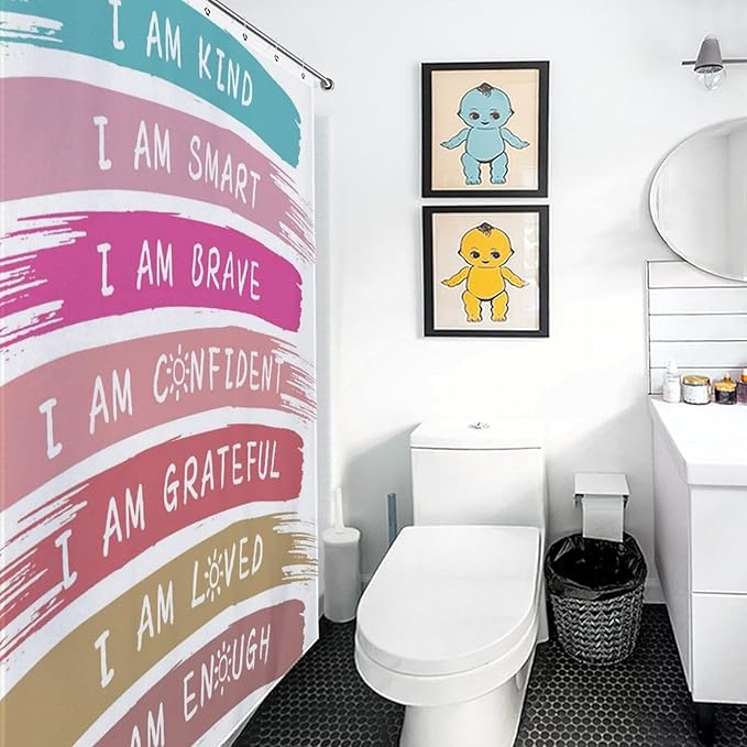 Rainbow Shower Curtain, Kids Girls Baby Boho Cute Inspirational Motivational Quotes Bohemian Cartoon Colorful Pastel Waterproof Fabric Bathroom Shower Curtain Set with Hooks, 72"x84" Inch