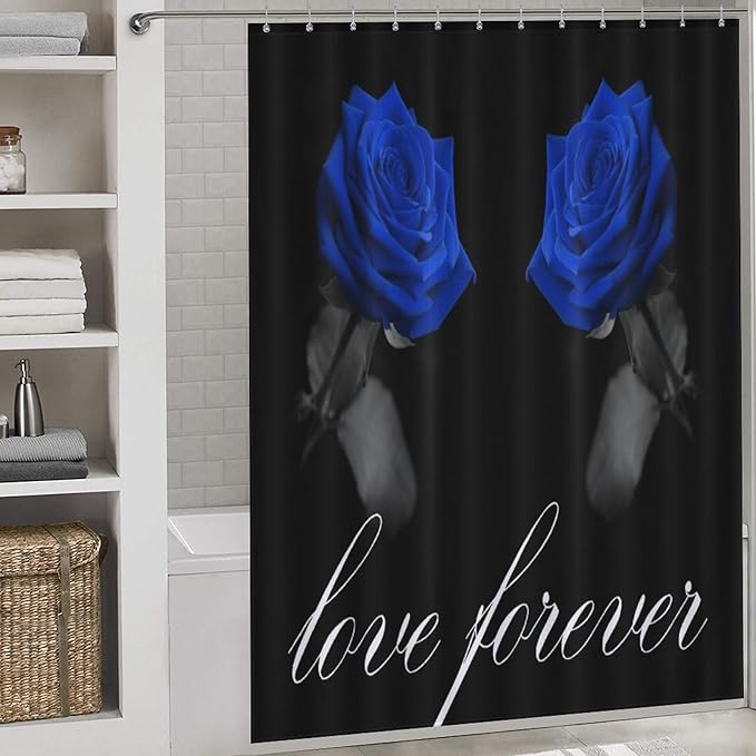 Blue Rose Flower Shower Curtain Vintage Valentine's Day Love Forever Rose Floral Modern Waterproof Shower Curtains for Bathroom Decor 12 Pack Hooks 66x72in（168x183cm）