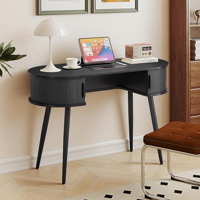 43" Mid-Century Writing Desk with Storage, Mid-Century Modern Home Office Wood Writing Desk for Bedroom, Small Table Compact Workstation for Living Room, Study (Black)